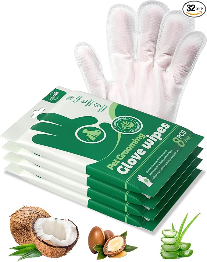IMMCUTE Coconut Scented Pet Wipes Gloves for Dogs & Cats - Extra Thick Bathing Wipes with Coconut Oil & Jojoba Oil, 32 PCS Rinse-Free Grooming Gloves for Deodorizing & Daily Care