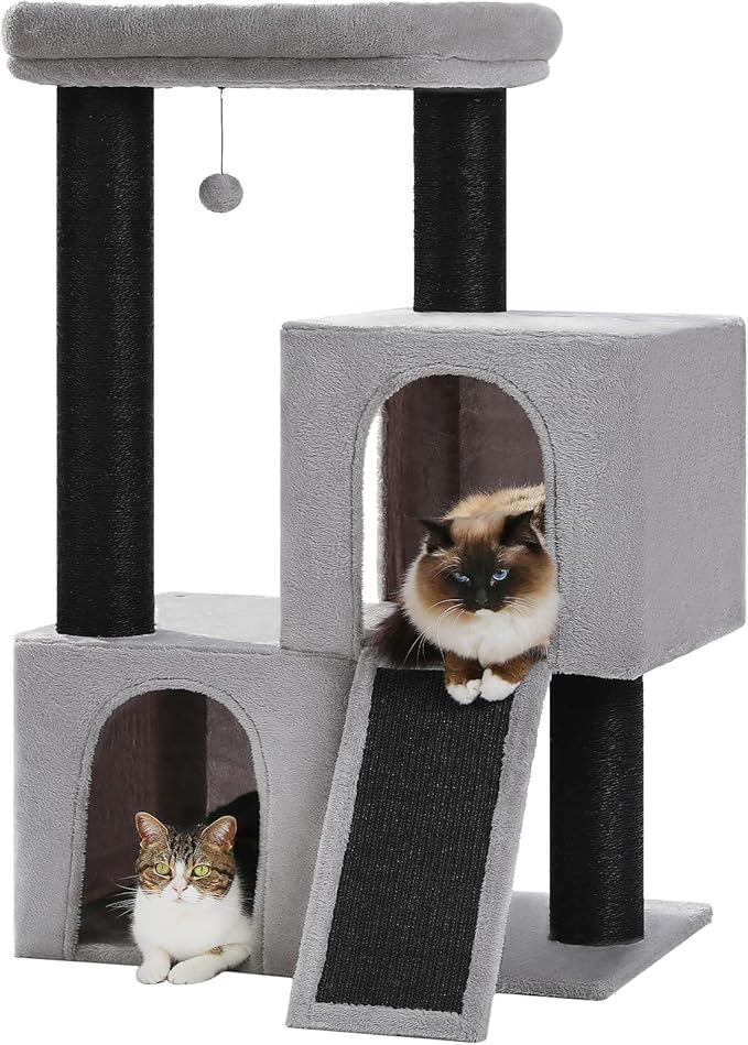 Cat Tree for Large Cats, 45" Heavy Duty Cat Tower with Dual Condos, 3 Thick Full Wrapped Sisal Scratching Posts(φ4.3), Spacious Padded Top Perch, Scratching Ramp and Toy Ball