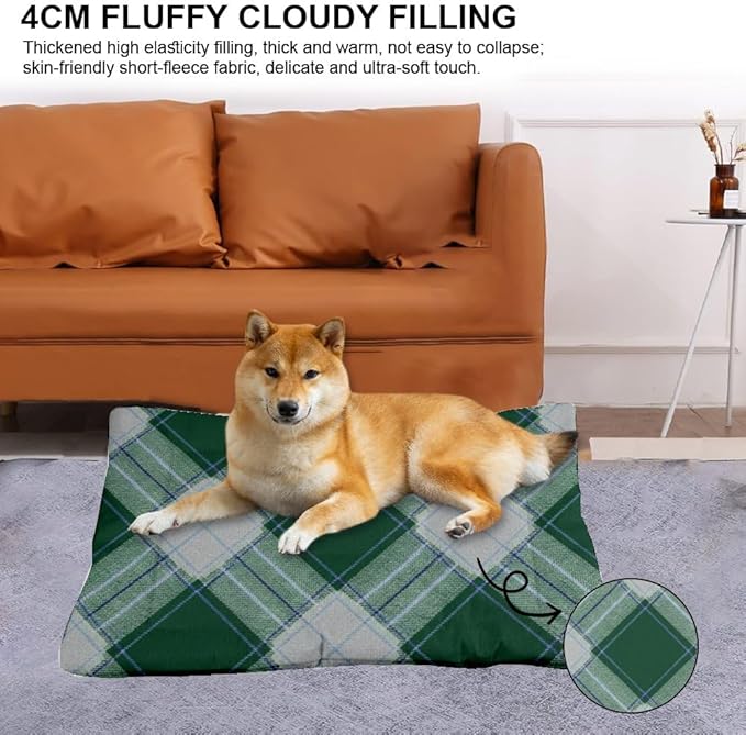 Green Navy Plaid Dog Car Bed Non Slip Bottom Non Slip Mat for Dogs Cozy Soft Dog Bed for Crate Pet Funiture Printed Pet Mat Gift Cozy House 36× 24 Inch Indoor Outdoor