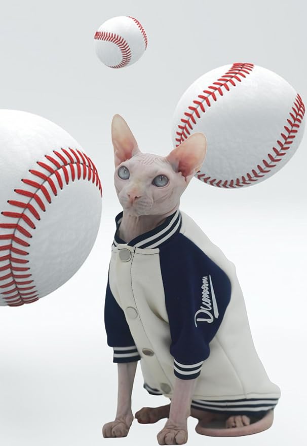 Fashion Warm Soft Thick Cat Winter Clothing, Soft Baseball Style Shirt for Sphynx, Devon, Cornish, Kitten, Hairless, Abyssinian, Small Cats (Blue, XX-Large)