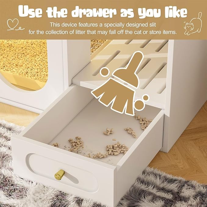 Hidden Cat Litter Box Enclosure Furniture with LED Light, Modern Litter Box Cabinet with Drawers & Acrylic Door, Multi-Entry Cat House Sideboard for Living Room, 37.4"W x 15.6"D x 31.5"H,White