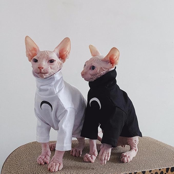 Sphynx Cat Clothes, Moon Print Turtleneck Cotton T-Shirt for Devon Rex Sphynx Cats (Black Long Sleeve, XX-Large)
