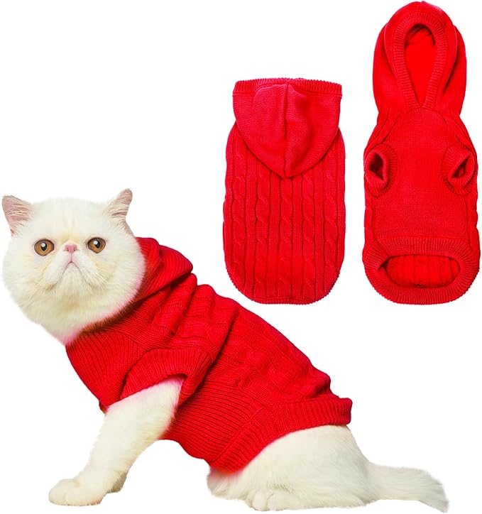 PUPTECK Winter Dog Cat Sweater Coat - Soft Cold Weather Clothes Knitwear for Kitties & Small Dogs Indoor Outdoor Walking Warm, Knitted Classic for Doggies Kitties Girls Boys, Red L