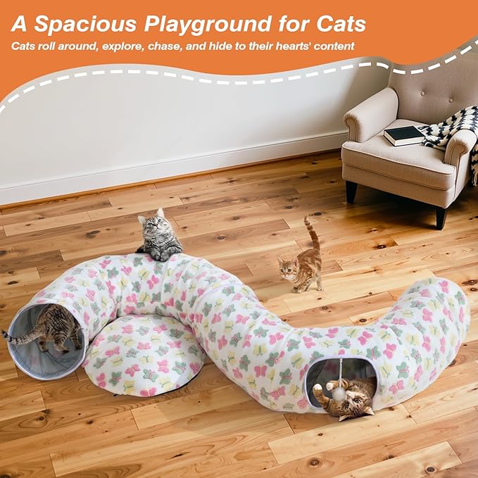 Cat Tunnels for Indoor Cats, 35'' Plush Cat Tunnel Bed with Playful Ball and Circle Cushion, Multifunctional Peekaboo Cat Cave, Interactive Toy Gift for Cats, Kittens, Rabbits,WhiteButterfly