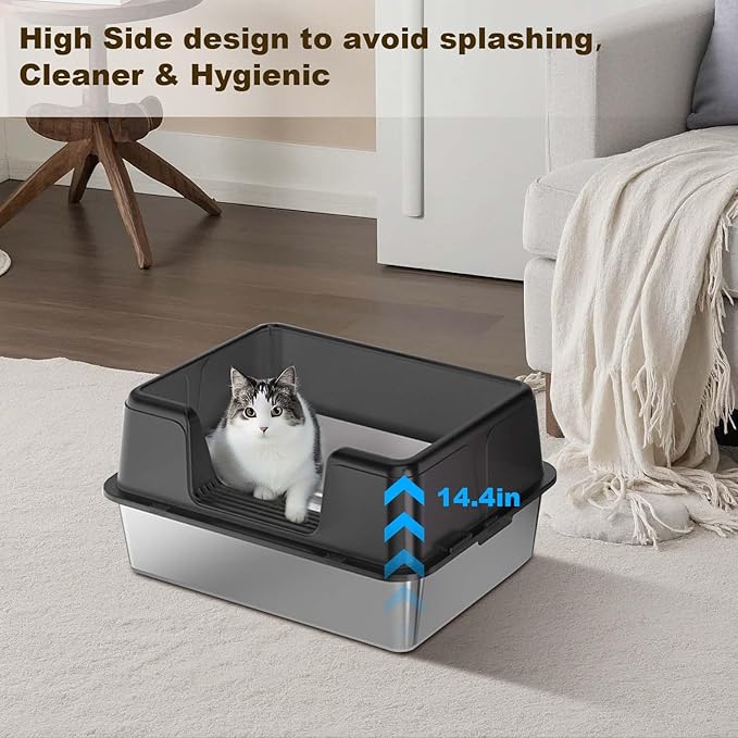 Stainless Steel Cat Litter Box, Extra Large Covered Litter Box for Big Cats, Enclosure XXL Metal Litter Pan Tray, High Sided,Anti-Leakage,Easy Cleaning, Non-Sticky,23.6 x 15.7 x 14.37,B