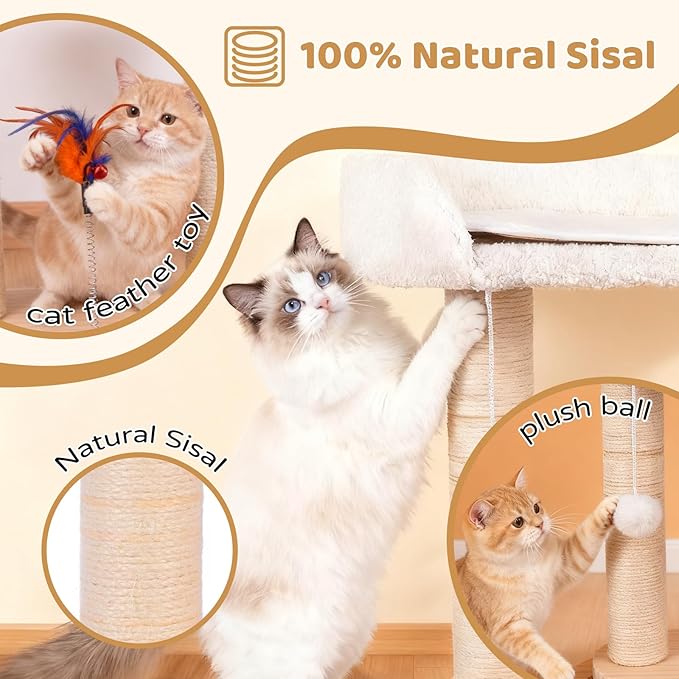 5-in-1 Small Wooden Cat Tree Tower,16.5''H Natural Sisal Cat Scratching Post Climbing Tower with Bed,Interactive Cat Feather Toy,Ball Track Toy for Kittens and Indoor Cats,White
