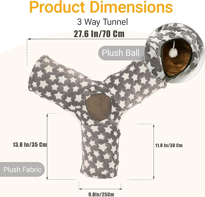 Cat Tunnel Toy- 3 Way-Shaped, Gray Star Pattern, Soft Velvet Exterior, Oxford Fabric Fog-Proof Interior, Plush Toy Ball, Easily Washable, Conveniently Foldable