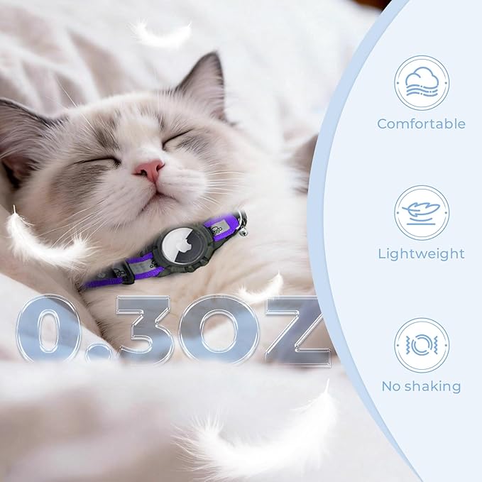 Breakaway AirTag Cat Collar, Reflective Cat Tracker Collar with Air Tag Holder and Bell, Safety Elastic Band Cat GPS Collars for Girl Boy Cats, Kittens and Puppies (Purple, 8-13'')