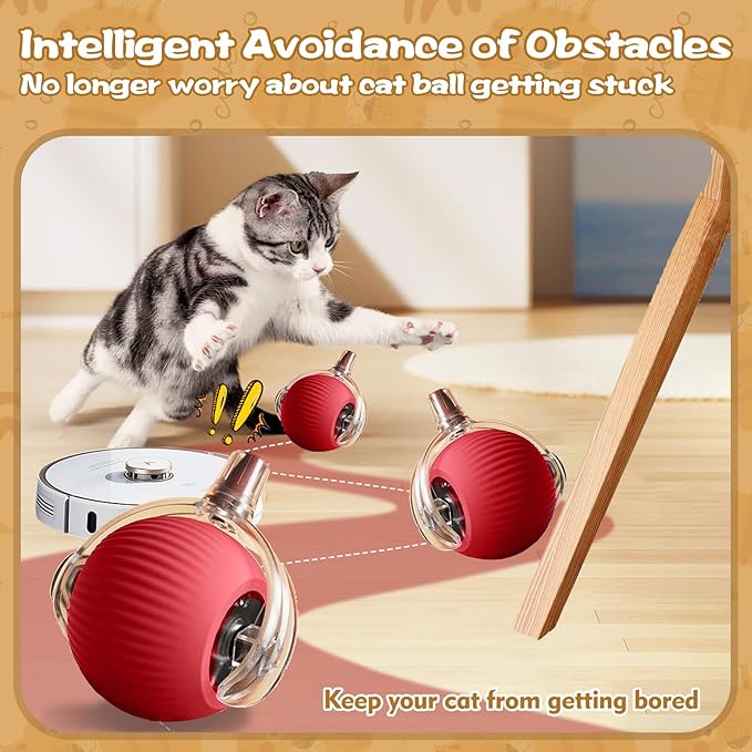 Interactive Cat Ball Toys for Indoor Cats, Peppy Pet Ball, 2025 Upgraded Automatic Kitten Toy for Bored Indoor Adult Cat, 360°Smart Rolling Toy (Red)
