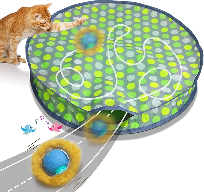 Giociv Interactive Cat Toys Ball Fast Rolling in Pouch, Motion Activate Chirping Cat Toy Hide and Seek Mouse Catching Game (Green Polka dot)