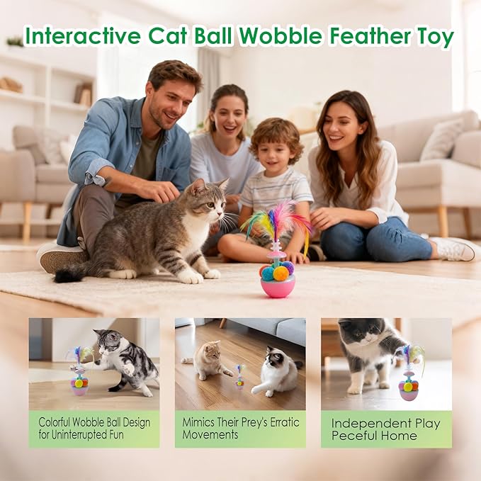 Wobble Cat Toy - Self Righting Feather Toy for Cats & Kittens, Rocks & Sways, Fun & Engaging Play- Interactive Kitten Enrichment Feather Toy for Cats to Play Alone （Contains Catnip）
