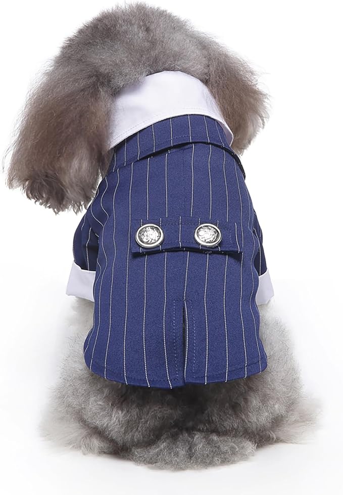 GabeFish Pets Wedding Jackets Suit for Dogs with Bow Tie Puppy Cat Formal Clothes Shirt Tuxedo (BlueStriped, M (Chest 15.3in/39cm)