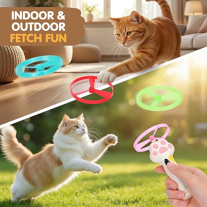 Cat Fetch Toy, Rechargeable Flying Disc Launcher with 6 Flying Discs, Cat Interactive Hunting Toys for Outdoor & Indoor (White)