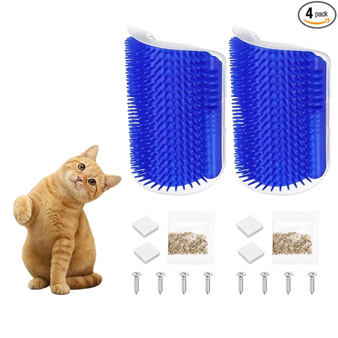 Self Grooming Cat Brush, Cat Self Groomer Scratcher with Catnip Softer Scratchers Wall Corner Groomer Massage Combs (4Pcs, S, Blue) for Long Short Fur Pets/Kittens/Puppies