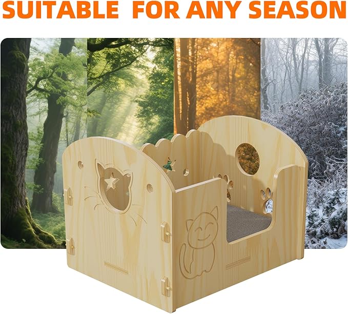 Solid Wooden Semi-Enclosed Cat Bed with Cartoon Carving Craft, Space-Saving for Small Apartments, Studios & Rental Homes, Modern Nordic Cat Furniture for Indoor Cats & Kittens