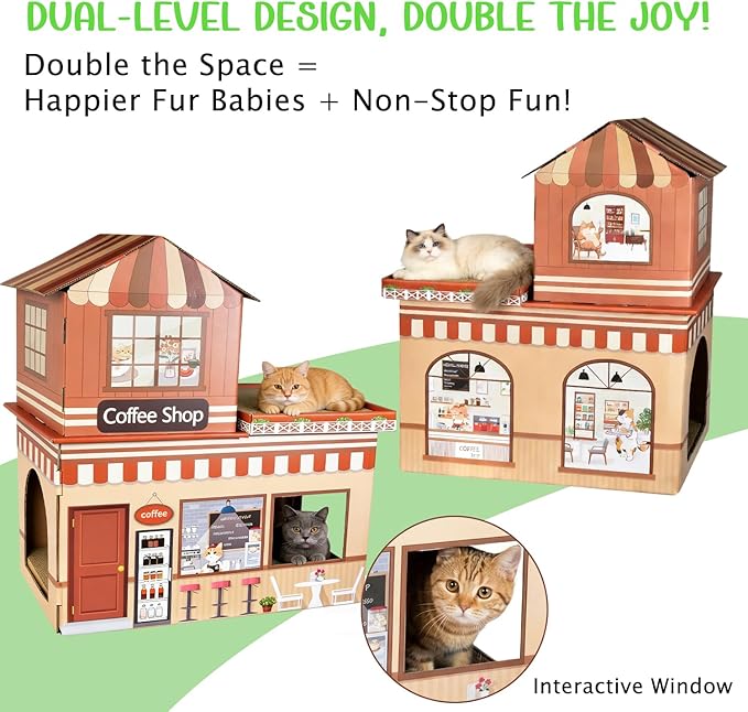 Cardboard Cat House for Indoor Cats, Double Layer Cat Scratcher House for Large Kitty Rabbit Bunny, Scratch & Sleep 2 in 1 Design, Durable & Easy to Assemble Scratching Bed(Coffee Bar)