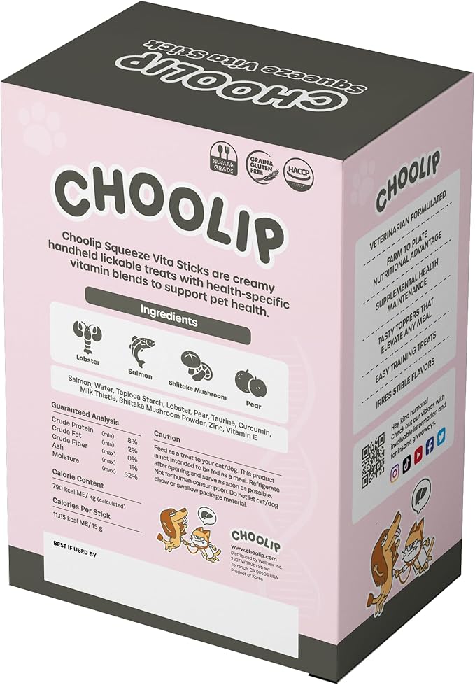 Choolip Squeeze Vita Stick Liver Support Lickable Cat and Dog Treats – 49-Count Salmon and Lobster Sticks with Milk Thistle, CoQ10 and Vitamin E – Box with 7 Pouches, Vet-Formulated