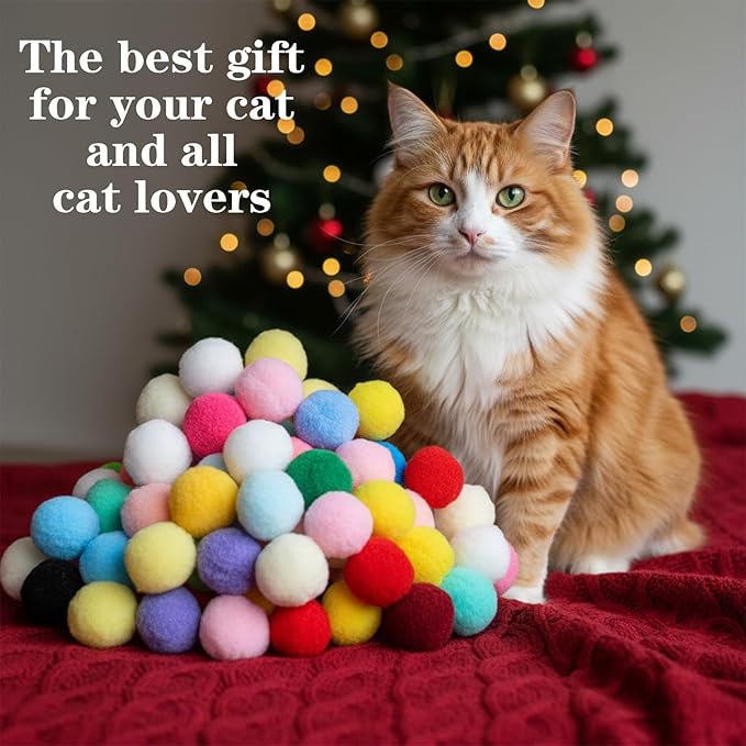 Larrel 100 Pcs Cat Puff Ball Toys, 2.5cm/1in Soft Cat Pom Pom Balls Fuzzy Balls for Cats Cute Pompoms for Indoor Kitten Playing Exercising or Craft DIY Creative Crafts Decorations(Random Assortment)