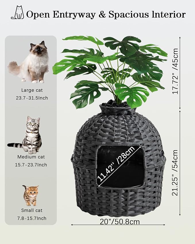 SETVSON Cat Litter Box Plant Furniture Enclosure, Hidden Handwoven Rattan with Cat Litter Box and Artificial Plants, Odor Control Filter, Real Stones in Living Room, Bedroom, Corner (Black)