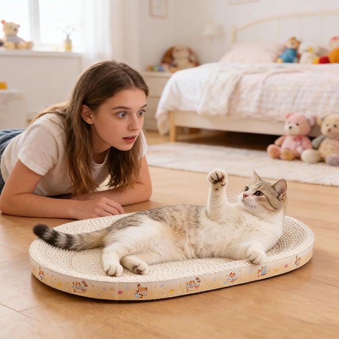 Cardboard Cat Scratcher - Protects Furniture & Soothes Your Cat | Oval/Round Scratching Pad with Non-Slip Bottom | for Indoor, Apartments, Living Rooms, Durable Cardboard, Cats Bed & Toy