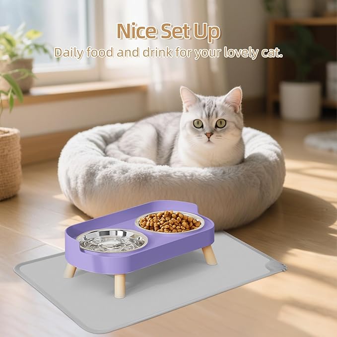 Elevated Cat Bowl with Food Mat, Raised Cat Food and Water Bowl Set for Indoor Cats, Splash Proof with 2 Stainless Steel Pet Food Bowls for Cat and Puppies,Whisker Fatigue and Dishwasher Safe (Purple)