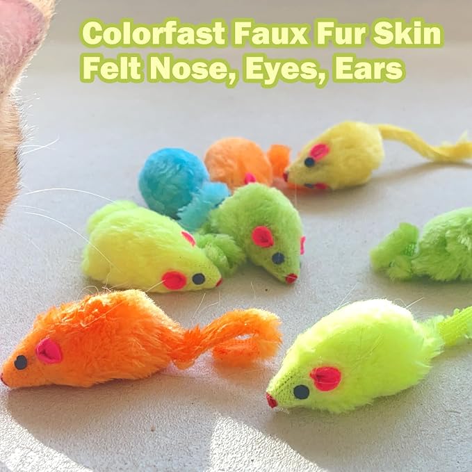 MeoHui 12PCS Rattle Cat Mouse Toys also Prefilled Catnip, 2.36” Mice Body Size, Faux Fur Cat Mice Toys with Plastic Body, Interactive Catnip Toys for Indoor Cats Play Fetch