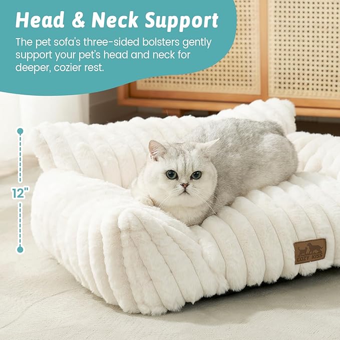 COZY KISS Cute Cat Couch, Fluffy Sofa Bed for Cats and Small Dogs, Premium Faux Rabbit Fur Cats beds for Indoor Cat, Ultra-Soft Supportive Pet Couch Furniture (Cream, S: 25.5''x17.5'')