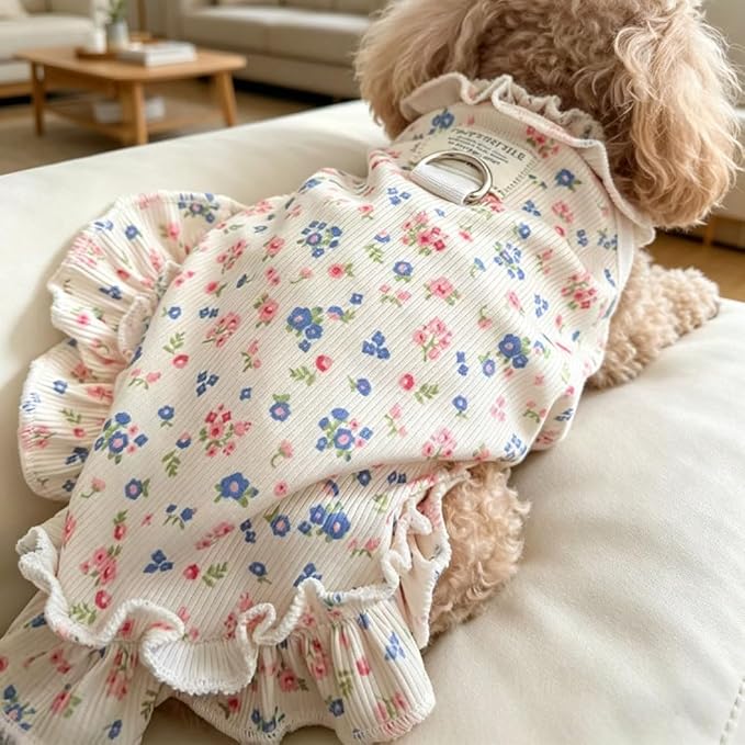 Dog Cat Cooling Summer Dress with D-Ring, Ice Silk Mesh Breathable Pet Clothes, Anti-UV Mosquito Proof, High Elastic Ruffle Dress & Half Belly Cover for Small Dogs Cats (Faint Yellow, Small)