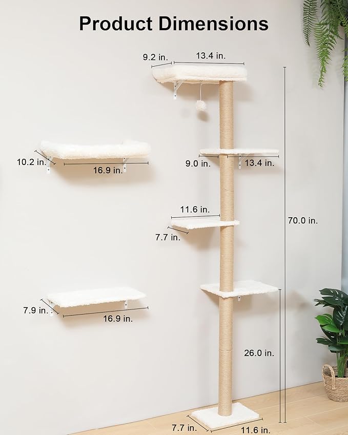 FUKUMARU Cat Wall Shelves Set, 70 Inch Stable Wall Mounted Tree, Kitten Scratching Post with Soft Cushion Perch, Space Saving Climbing Wall Furniture for 16 Inch Drywall - Beige