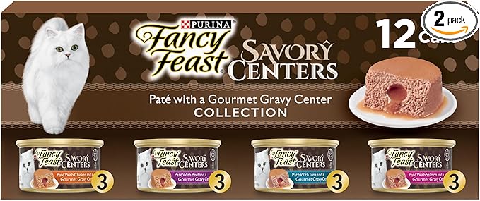 Purina Fancy Feast Savory Centers Wet Cat Food Pate Variety Pack With Chicken, Salmon, Beef, and Tuna Pate with Gravy Center - (2 Packs of 12) 3 oz. Pull-Top Cans