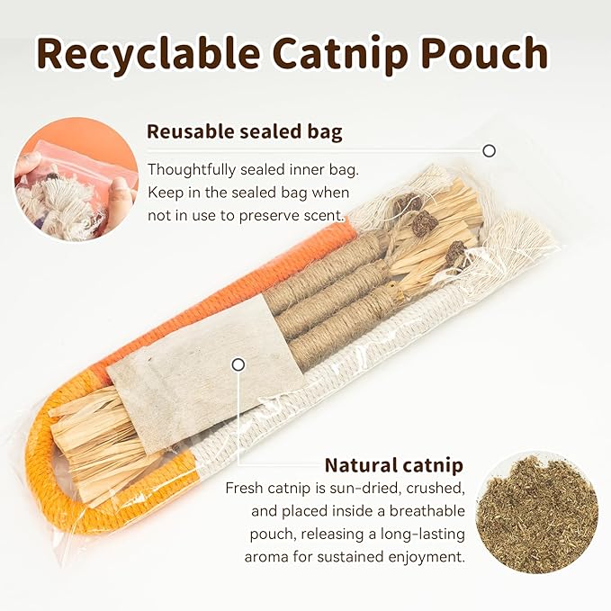 Cat Toys for Indoor Cats, 3 Pcs Silvervine Sticks & 1 Pc Cat Chew Rope for Teeth Cleaning, Interactive Dental Sticks with Catnip for Cat Enrichment, Kitten Chew Toys Teething for All Breeds Orange
