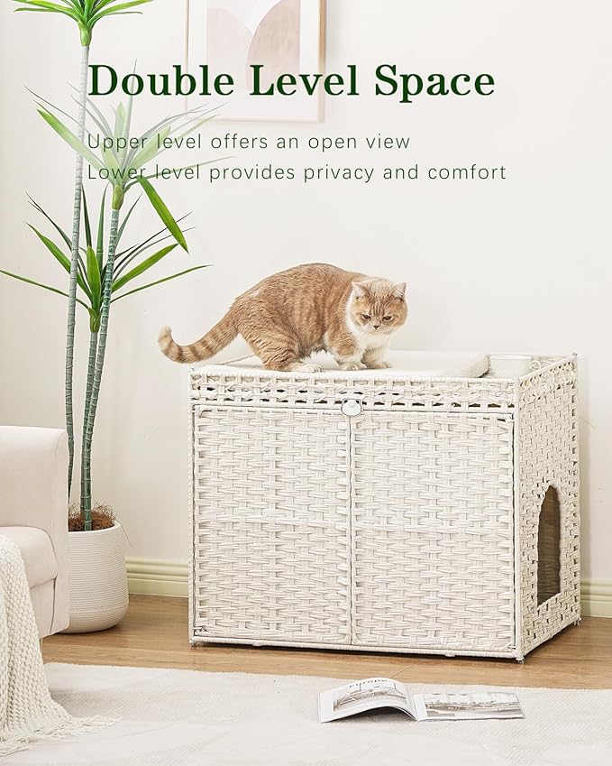 SETVSON Cat Litter Box Enclosure Furniture, Handwoven Rattan Hidden Litter Box with Mat, Large Space Cat House with 2 S-Shaped Hooks 30.3 x 18.3 x 24.4 Inches, Indoor for Living Room Apartment White