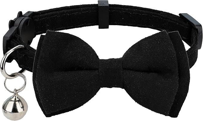 Cat Collar with Bow Tie Bell Breakaway Kitten Small Pet Safety Solid Wedding Basic Pure Color Suede Soft Adjustable [1pc] Black