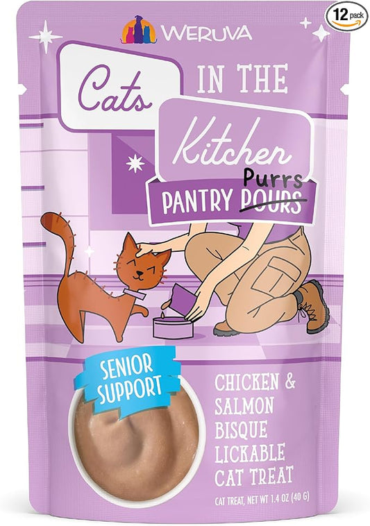 Weruva Cats in the Kitchen Pantry Pours, Chicken and Salmon Bisque with Senior Support, 1.4oz Pouch, Pack of 12