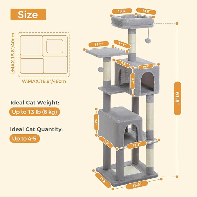 MUTTROS Cat Tree for Indoor Cats, 62-Inch Multi-Level Cat Tower with Scratching Posts for Large Cats, 2 Bigger Plush Condos, Padded Platform, Soft Cat Bed and Scratching Pad, 2 Pompoms, Gray