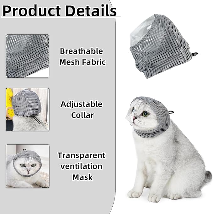 Cat Bubble Muzzle for Cats That Bite Transparent Muzzle for Grooming and Nail Trimming Adjustable Soft Breathable Mesh for Bite Prevention(Grey S)