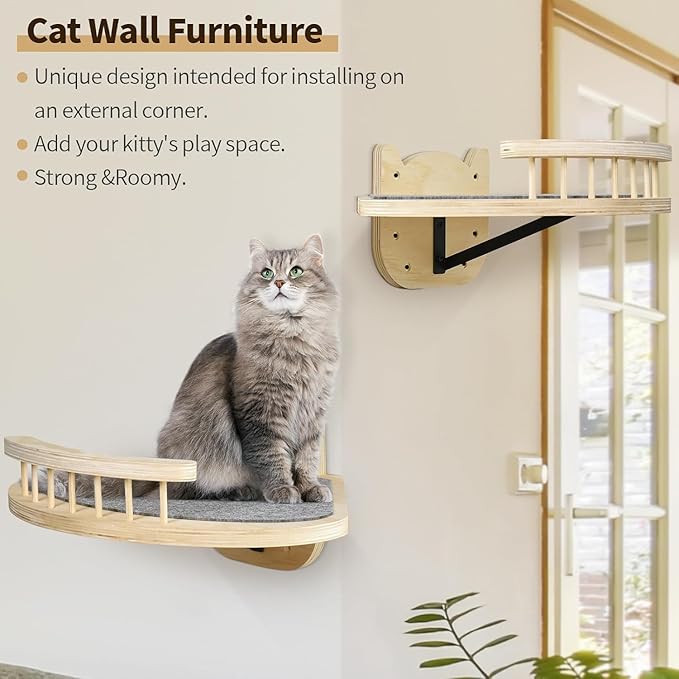 Cat Wall Shelves Furniture Set with Scratching Pad，Wooden Cat Climbing Wall Systems with 2 Perches and 3 Steps, Floating Shelves Bed Wall Mounted for Indoor Fit Up to 15Lbs (Burlywood)