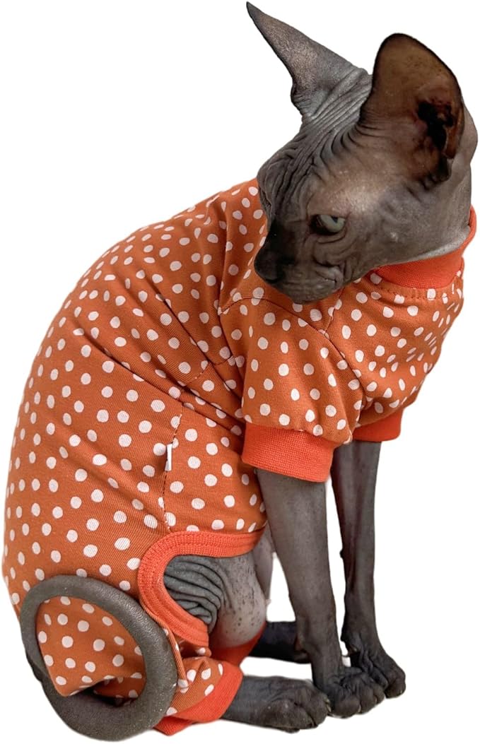 Sphynx Cat Four Leg Cotton Pajamas Elastic Pet Clothes for Hairless Cats Surgery Recovery Suit Undershirt Thermal Clothes for Sphynx, Devon, Cornish (White Dots, M)