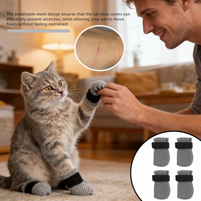 4pcs Cat Booties Adjustable Cat Claw Protectors Covers Cat Mittens to Prevent Scratching Mesh Breathable Cats Shoes for Bathing, Nail Trimming (Gray Size XL)