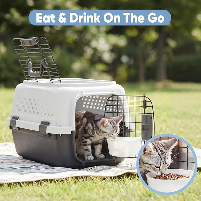 DUMOS 23" Hard-Sided Pet Carrier for Small Dogs & Cats, Airline Approved Travel Crate with Enhanced Security Latches, Front & Top Load Wire Door, Food Bowl for Traveling, Hiking, Camping (White&Black)