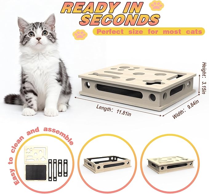 Cat Scratch Puzzle Enrichment Box, Interactive Cat Nail File Box with Sandpaper Liner for Cat Claw Care, Cat Scratch Puzzle Box - Stress Free Alternative to Clippers & Grinders for Indoor Cats
