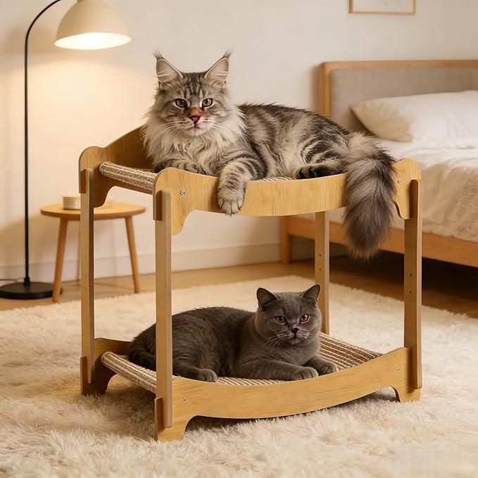 2 Layer Cat Hammock Bed, 19x15.75x20.1 Inch Wooden Bunk Bed for Indoor Cats, Elevated Pet Bed with Breathable Washable Cover, Holds 35 lbs Per Tier, Sturdy Natural