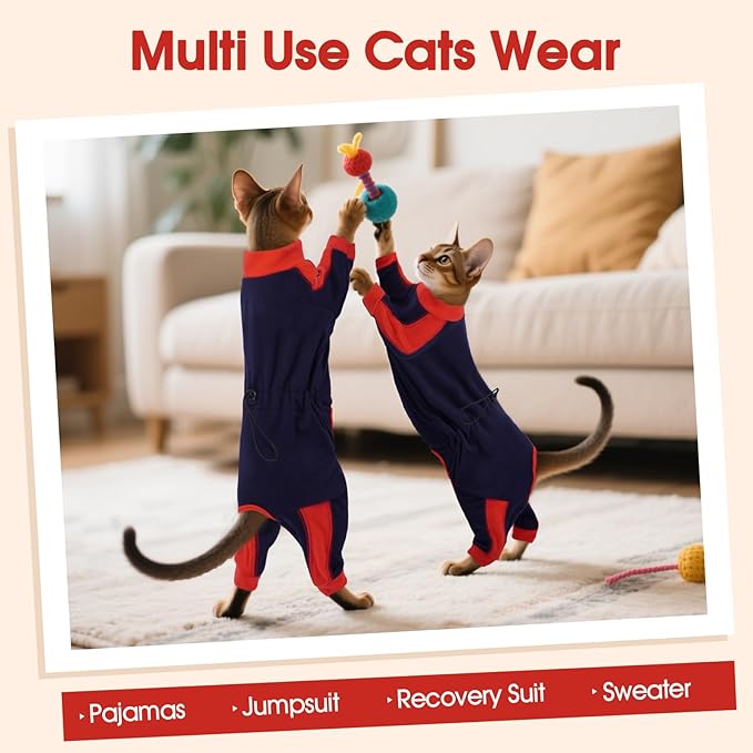 DENTRUN Cat Clothes with Anti-Shedding Fabric - Soft Recovery Suit & Breathable Lint-Resistant Cat Sweater for Wound Care & Hair Control, Kitten Onesie Pajamas, S, Dark Blue
