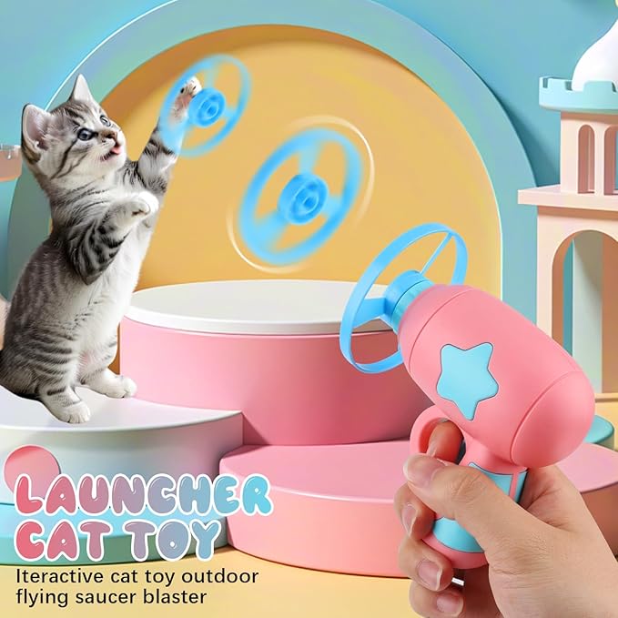Bamboo Dragonfly Catapult Launcher, Interactive Cat Toy & Outdoor Flying Saucer Blaster, Glowing LED Flying Disc Launcher for Pet Exercise & Night Play, Fun Gift for Cat Lovers & Hobbyists (Pink)