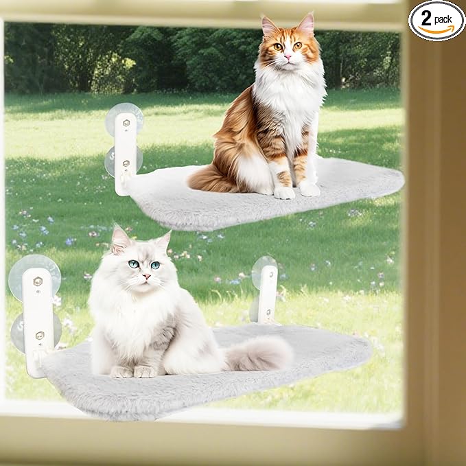 2 PCS Window Cat Bed (Medium 20.4''×11.8'') - Machine Washable Cover, 4 Large Suction Cups, Solid Metal Frame - Cordless Foldable Cat Window Hammock for Indoor Cats (2×Grey)
