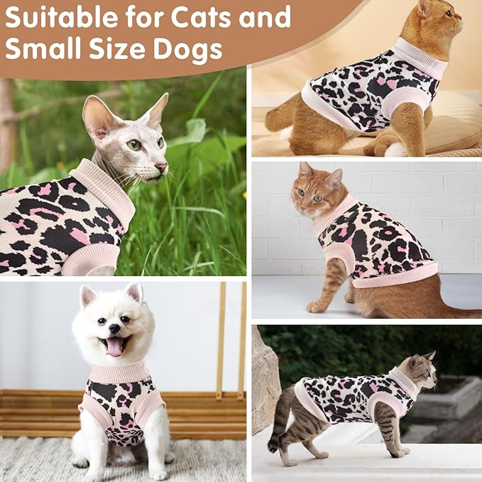 Idepet Cat Clothes Kitten Sweater Soft Kitten Shirt Cute Leopard Print Kitty Vest Pullover Pajamas Jumpsuit Cotton Apparel for Hairless Cats & Puppy (Pink,L)