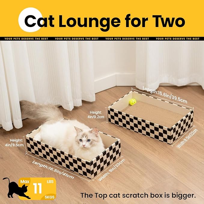 Conlun Cat Scratcher Box with 4 Scratching Pads&2 Separate Cardboard Boxes,2-in-1 Cardboard Cat Scratch for Multiple Kitten Interactive Play,Checkered(Ball & Fish Catnip Toy Included)