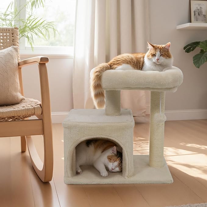 Tangkula Small Cat Tree for Indoor Cats, Cat Tower with Sisal Scratching Posts, Hanging Pompom, Cat Condo with Large Padded Plush Perch for Small Spaces, Kittens (Beige)