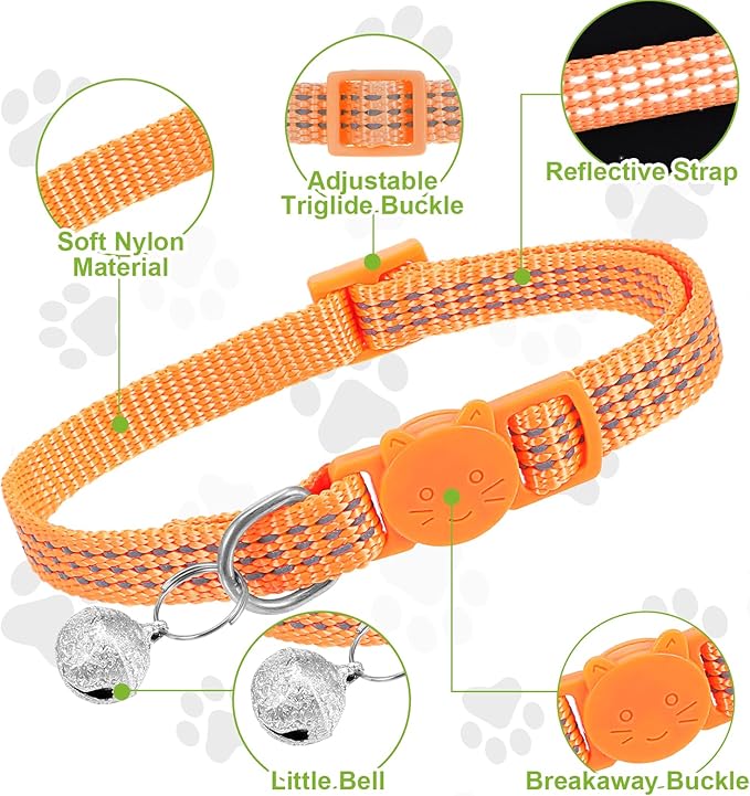 Reflective Cat Collar, Breakaway Cat Collars Kitten Collar with Bells Adjustable Collars for Small Cats Safety Quick Release Safety Buckle 7.9-13 Inches 5 Bright Colors for Small Pets