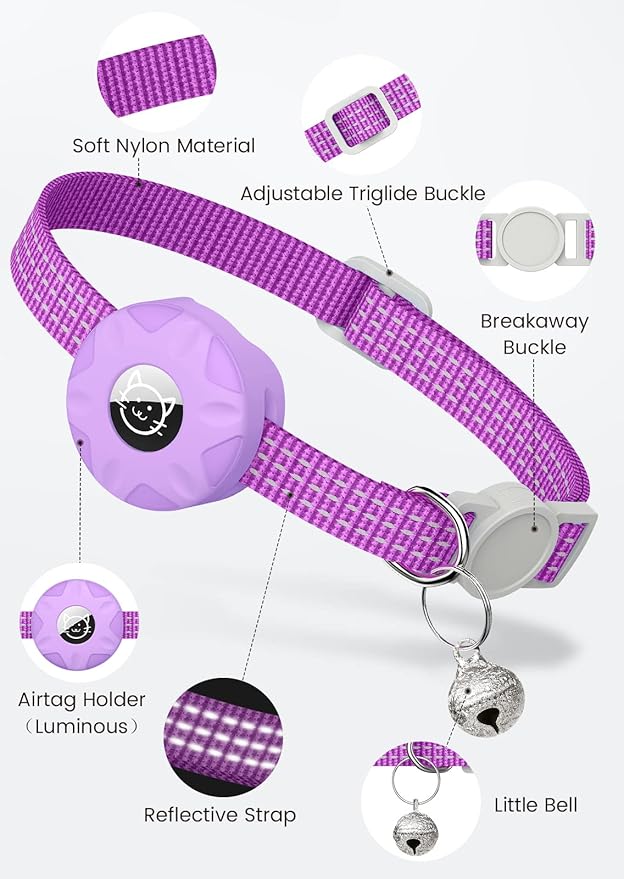 Apple AirTag Cat Collar, GPS Tracker Kitten Collar with Reflective Breakaway Holder and Bell, Lightweight for Cats & Kittens (Purple)